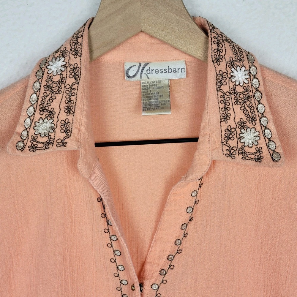 Dressbarn Vintage Peach Embroidered Blouse Womens L Cotton Boho Cottagecore - Picture 7 of 9